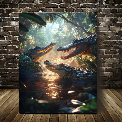 Fantasy Jungle Scene with Playful Crocodiles 40x60cm Metal Print Ready to Hang - Bella Home Decor