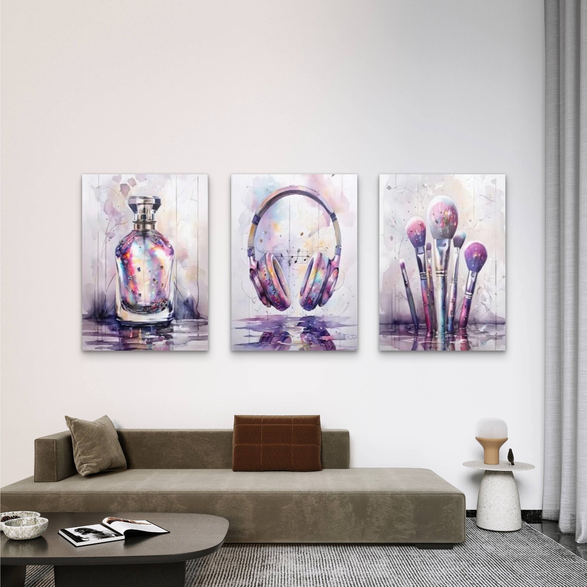3pcs Glam Watercolor Makeup Perfume Wall Art Set Canvas Framed 40x60cm - High Quality Print 100% Australian Made Wall Canvas Ready to Hang - Bella Home Decor