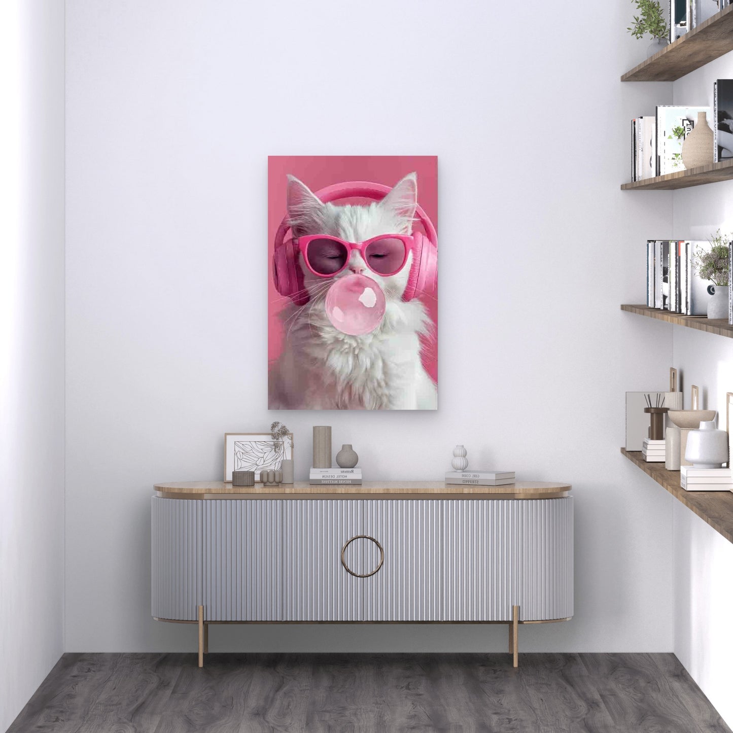 White Cat With Pink Headphones Metal Print Ready to Hang
