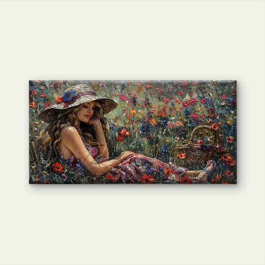 Woman Hat Poppy Field Wall Art Canvas Office Home Room Framed 120x60cm