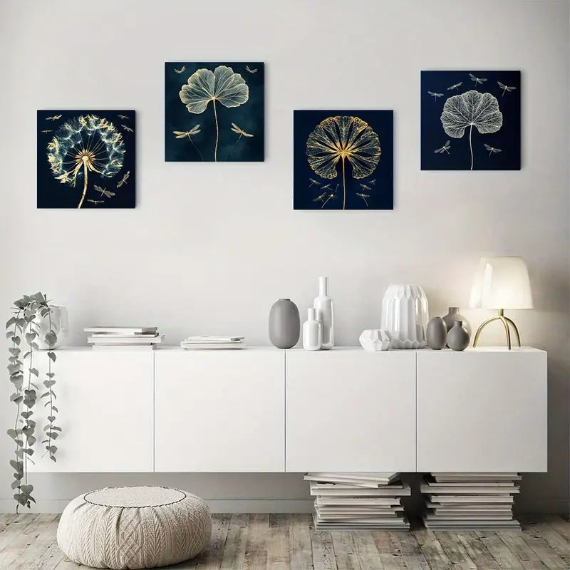 4pcs Golden Dragonfly & Tree Canvas Wall Art Canvas Framed