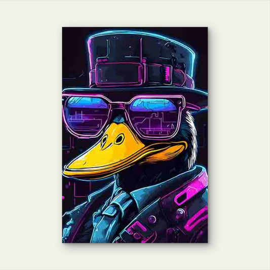 Neon-Style Duck with Top Hat and Cool Glasses 60x90cm Metal Print Ready to Hang