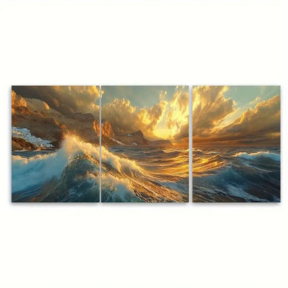 3pcs Santorini Aegean Sea Storm Wall Art Set Canvas Framed 50x70cm - High Quality Print 100% Australian Made Wall Canvas Ready to Hang
