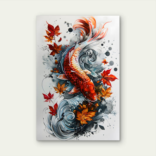 Koi Fish Painting With Flowing Water Leafy Plants 60x90cm Metal Print Ready to Hang