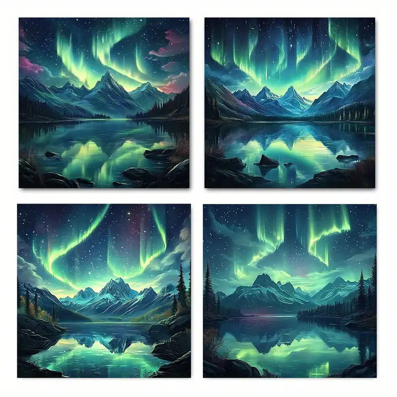 4pcs  Northern Lights Western Mountains Green  Wall Art Canvas Framed