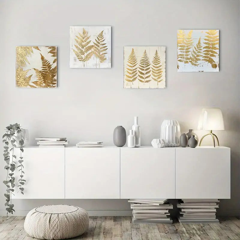 4pcs Golden Leaves Canvas Art Prints Wall Art Canvas Framed