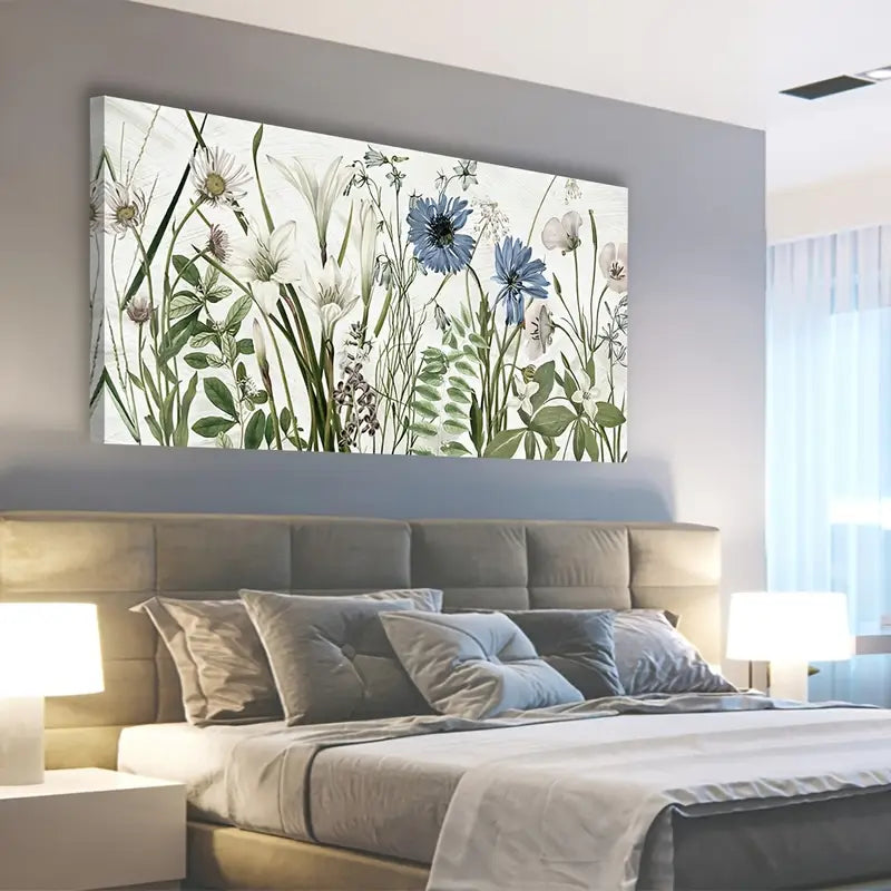Botanical Wildflower Green Blue Wall Art canvas office home room framed 120x60cm - Bella Home Decor