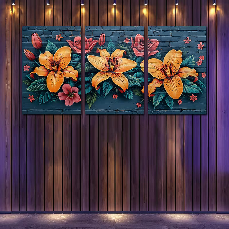 3pcs Vibrant Lilies and Roses Wall Art Set Canvas Framed 50x70cm - High Quality Print 100% Australian Made Wall Canvas Ready to Hang