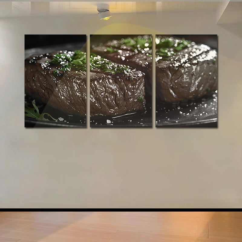 3pcs Cooked Beef Steak served with Fresh Herbs Wall Art Set Canvas Framed 40x60cm - High Quality Print 100% Australian Made Wall Canvas Ready to Hang - Bella Home Decor