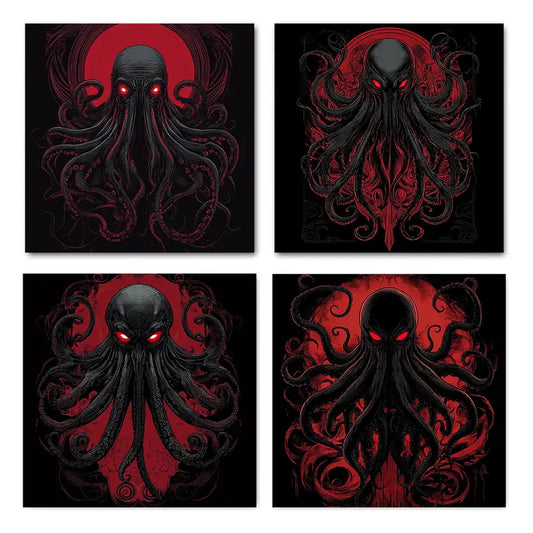 4pcs Black & Red Octopus Design Wall Art Canvas Framed