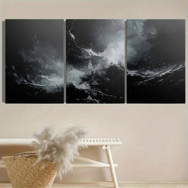 3pcs Black & White Splash Wave Metal Print Ready to Hang Art - Bella Home Decor