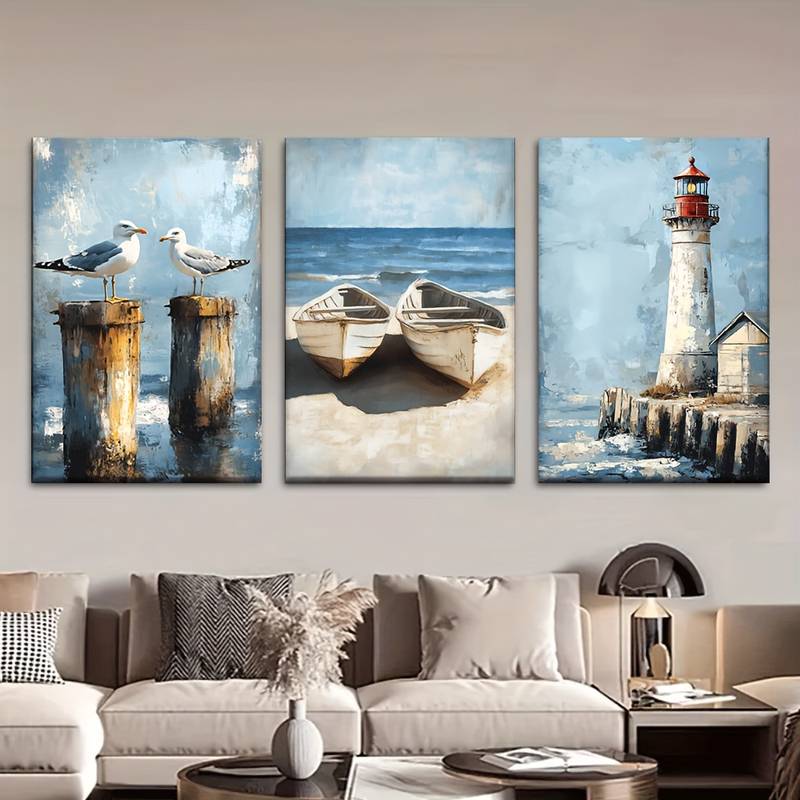 3pcs Abstract Art Sea Boats Seagulls Lighthouses Wall Art Set Canvas Framed 40x60cm - High Quality Print 100% Australian Made Wall Canvas Ready to Hang - Bella Home Decor