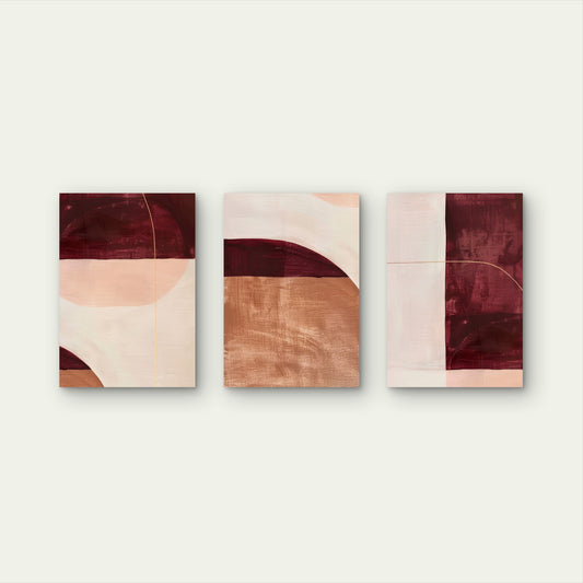 3pcs Terracotta Burgundy Abstract Boho Shapes Wall Art Set Canvas Framed 50x70cm - High Quality Print 100% Australian Made Wall Canvas Ready to Hang