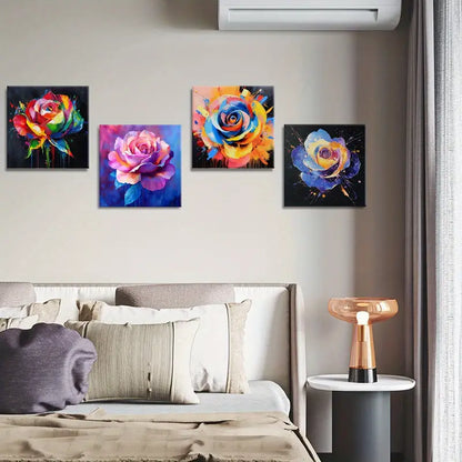 4pcs Rose Splashes Poster, Vibrant Colors Wall Art Canvas Framed