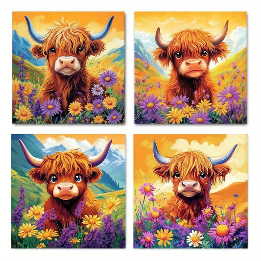 4pcs Highland Cow Flower Poster Wall Art Canvas Framed