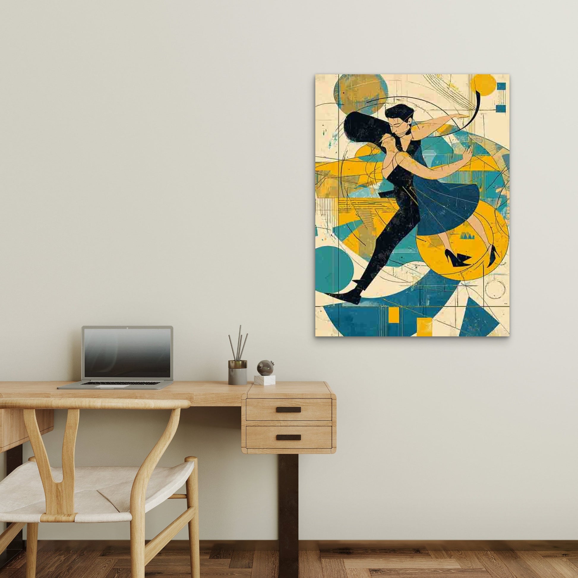 Art Deco Style Dance, Vibrant Blue & Golden Abstract Design60x90cm Metal Print Ready to Hang - Bella Home Decor