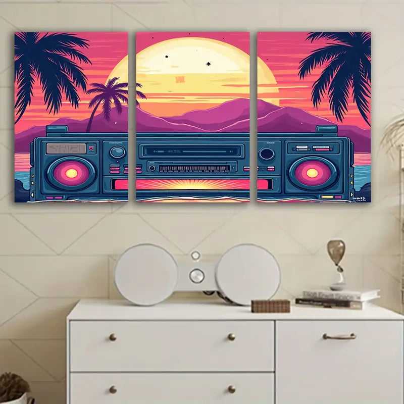 3pcs Retro Beach Sunset Palm Tree Wall Art Set Canvas Framed 40x60cm - High Quality Print 100% Australian Made Wall Canvas Ready to Hang