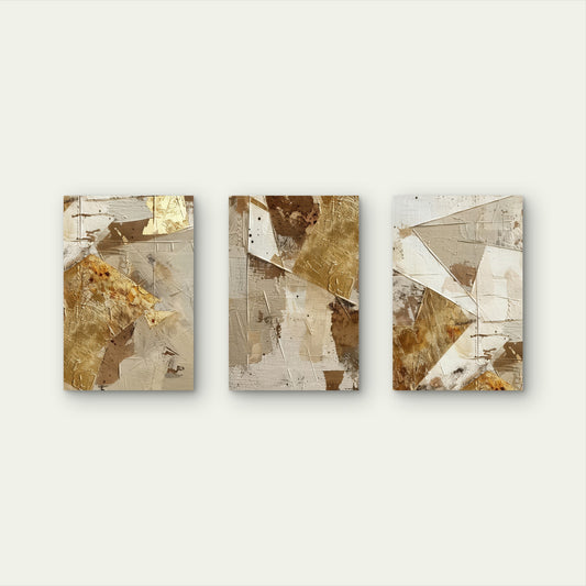 3pcs Beige Brown Gold Foil Geometric Wall Art Set Canvas Framed 50x70cm - High Quality Print 100% Australian Made Wall Canvas Ready to Hang