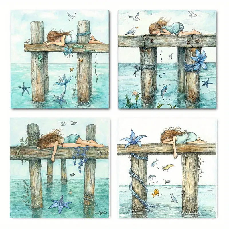 4pcs Whimsical Childhood Theme With Girls, Fish  Wall Art Canvas Framed