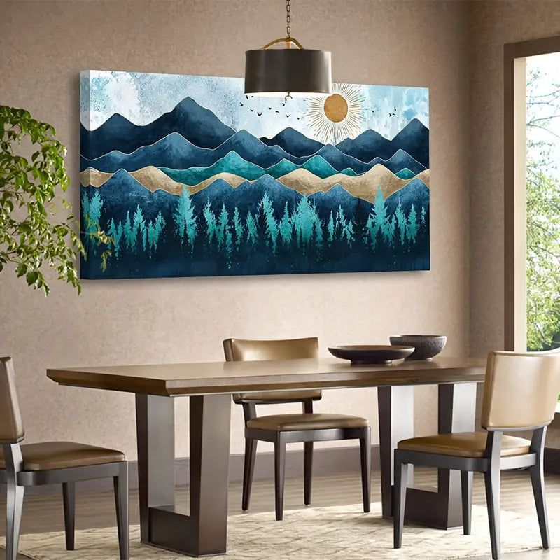 Blue Abstract Forest Mountain Rustic Vintage Nature Wall Art canvas office home room framed 120x60cm - Bella Home Decor