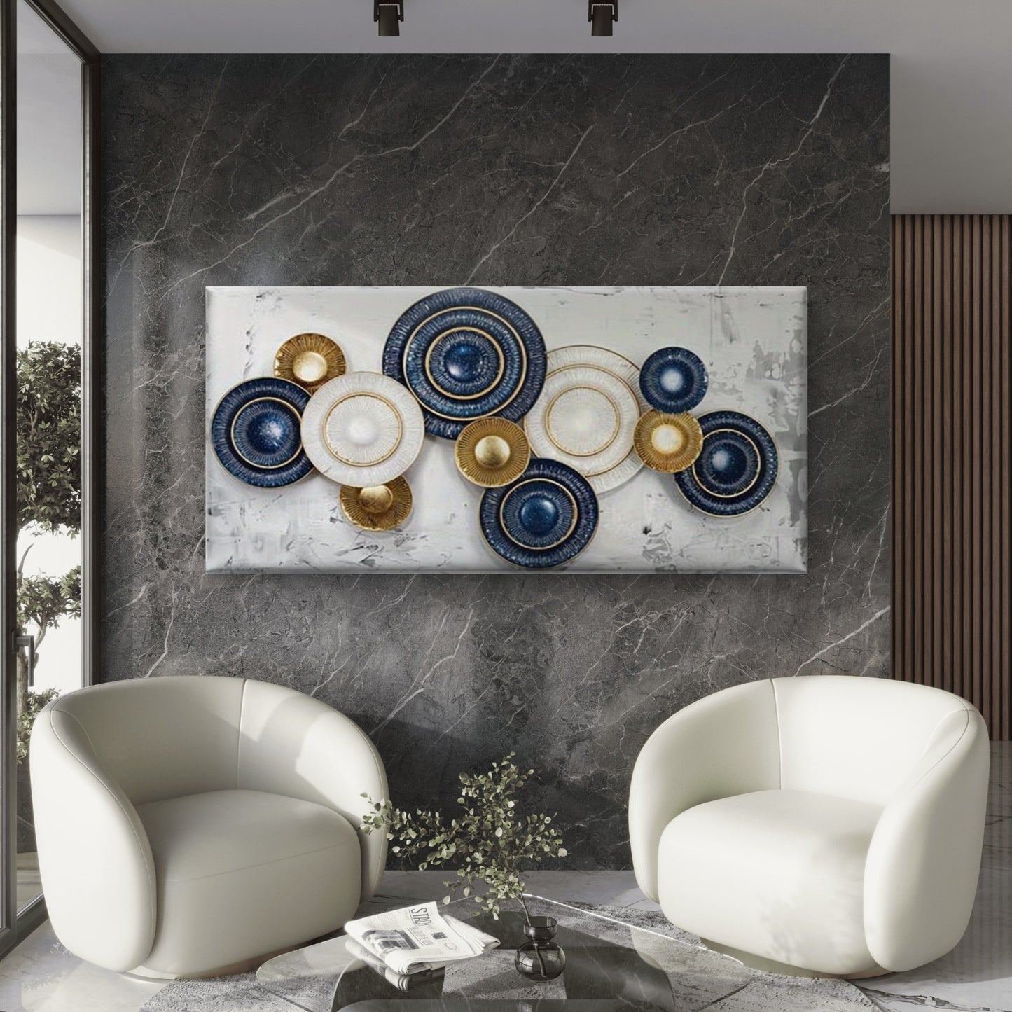 Blue and Golden Plates Wall Art Canvas Office Home Room Framed 120x60cm