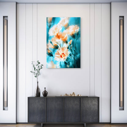 Peach Carnations on Dreamy Blue Background 60x90cm Metal Print Ready to Hang