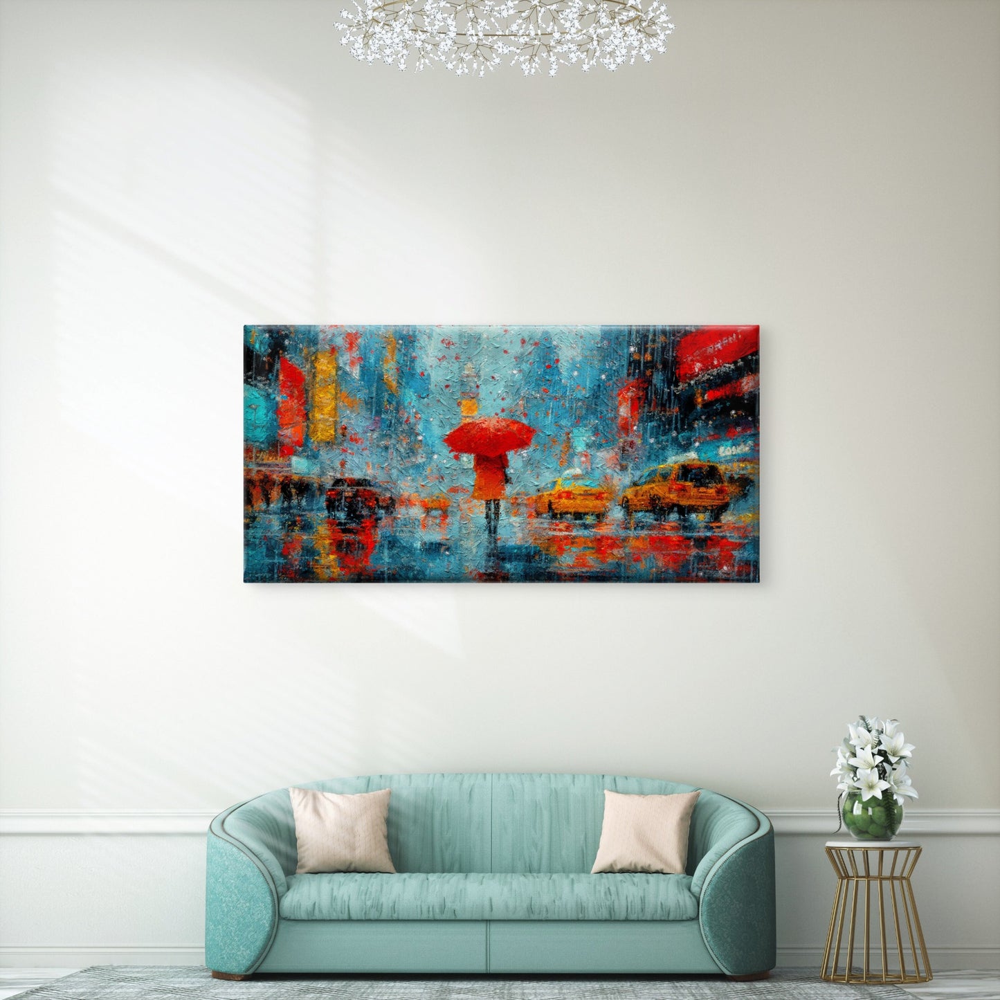 Taxi Red Umbrella Rainy Street Wall Art Canvas Office Home Room Framed 120x60cm
