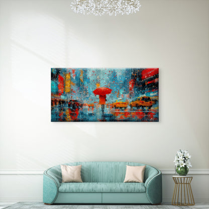 Taxi Red Umbrella Rainy Street Wall Art Canvas Office Home Room Framed 120x60cm