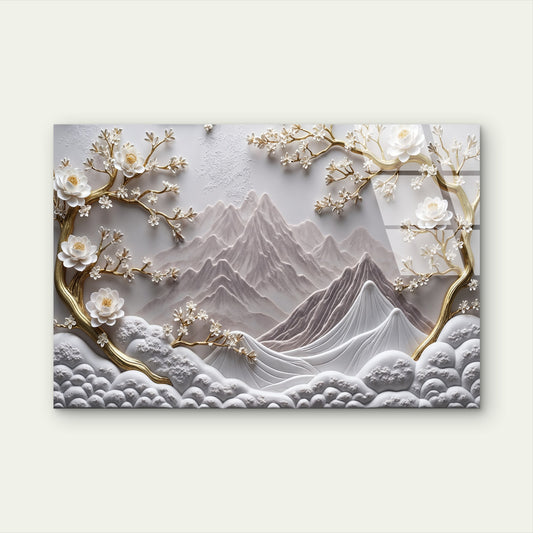 Mountain Blossom Tree White Gold Glass Printing Wall Art Australian Made Quality