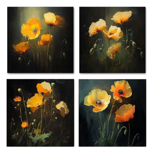 4pcs Decor Amber Poppy Elegant Modern Wall Art Canvas Framed