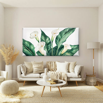 White Lilies, Green Leaves Wall Art Canvas Office Home Room Framed 120x60cm - Bella Home Decor