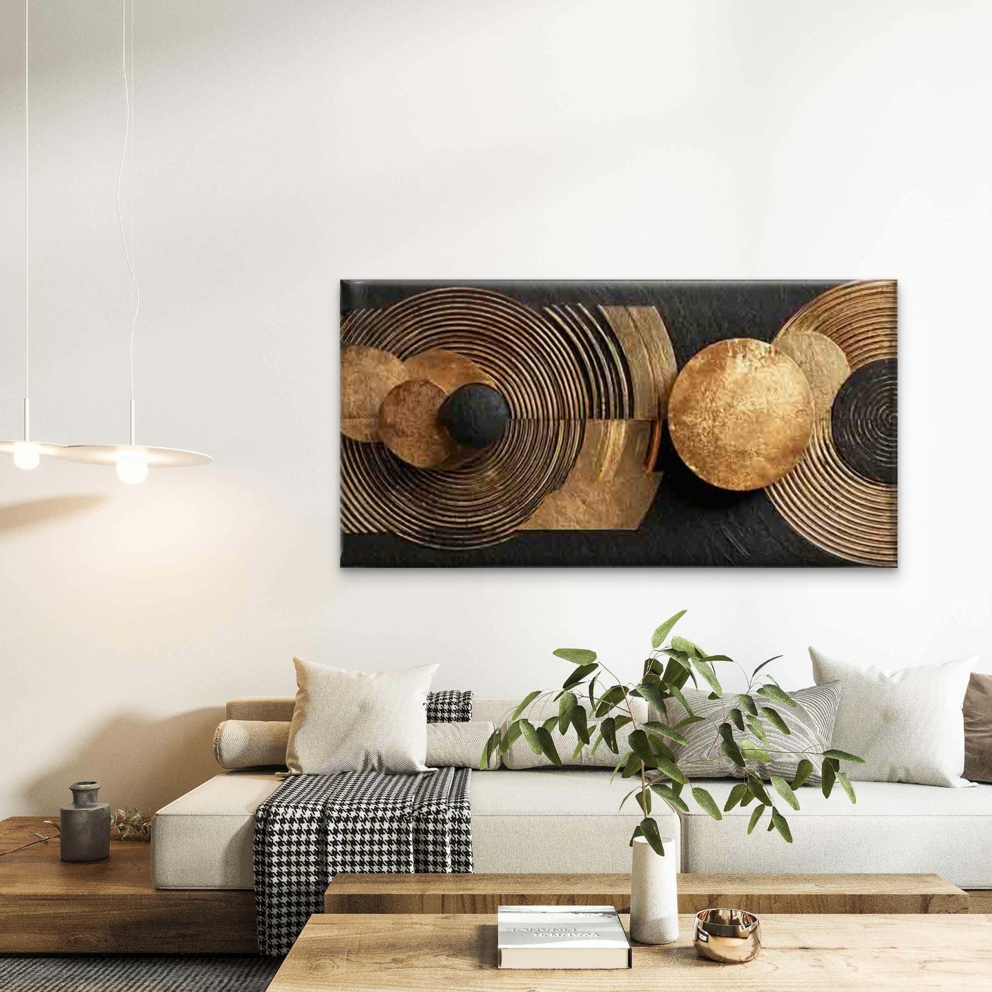 Golden Circles on a Black Wall Art Canvas Office Home Room Framed 120x60cm - Bella Home Decor