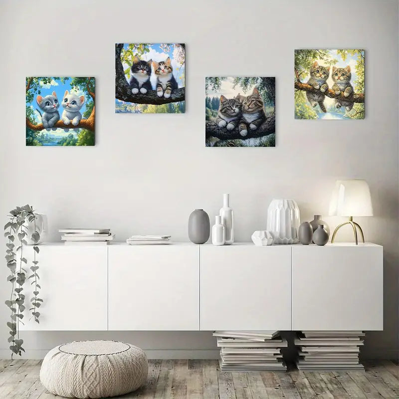 4pcs Cats on tre Themed Wall Art Canvas Framed