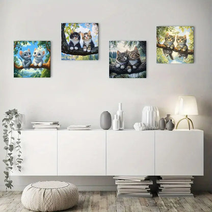 4pcs Cats on tre Themed Wall Art Canvas Framed