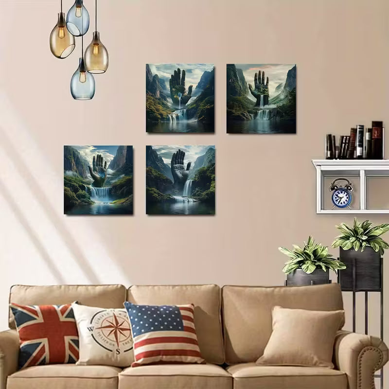 4pcs Hand Water Mountai Themed  Wall Art Canvas Framed