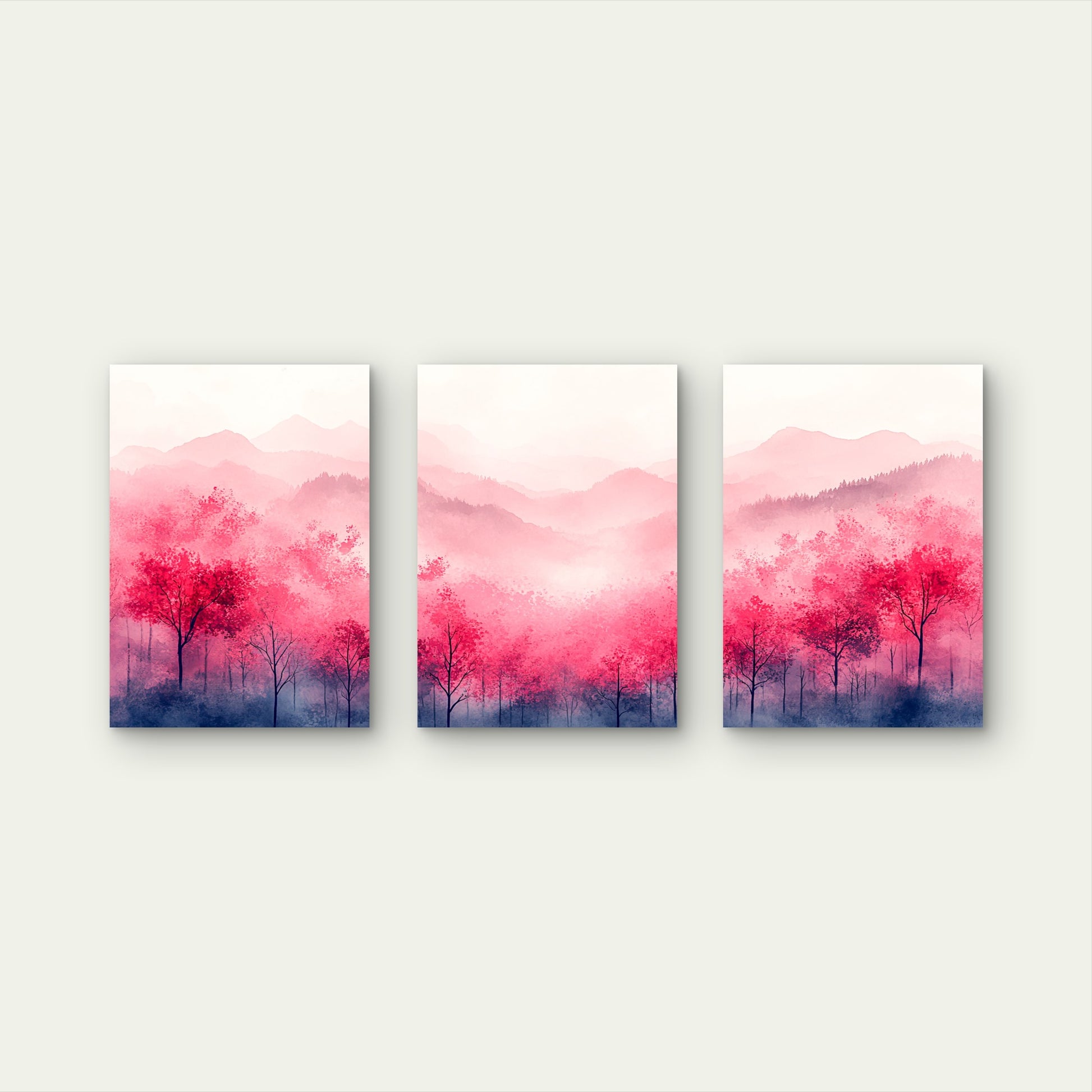 3pcs Pink Forest Misty Mountains Triptych Wall Art Set Canvas Framed 40x60cm - High Quality Print 100% Australian Made Wall Canvas Ready to Hang - Bella Home Decor