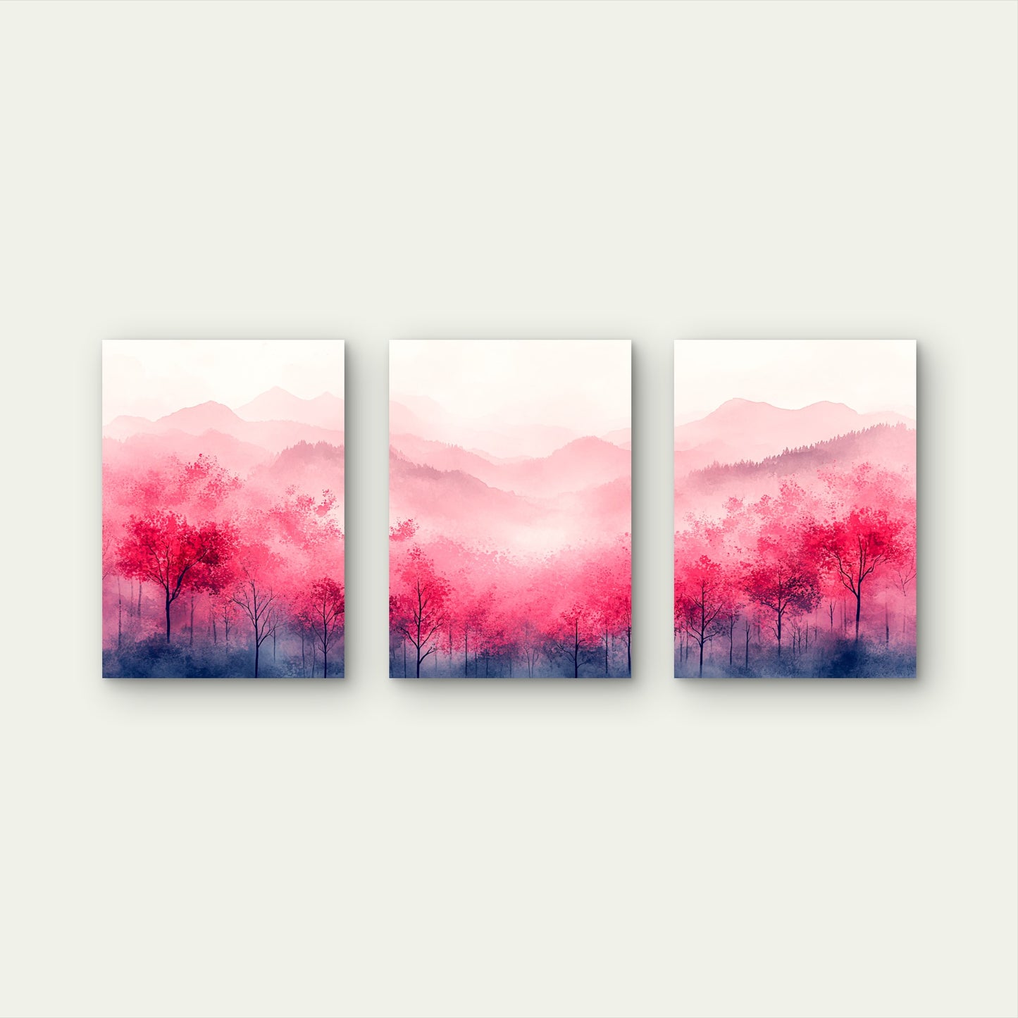3pcs Pink Forest Misty Mountains Triptych Wall Art Set Canvas Framed 50x70cm - High Quality Print 100% Australian Made Wall Canvas Ready to Hang - Bella Home Decor