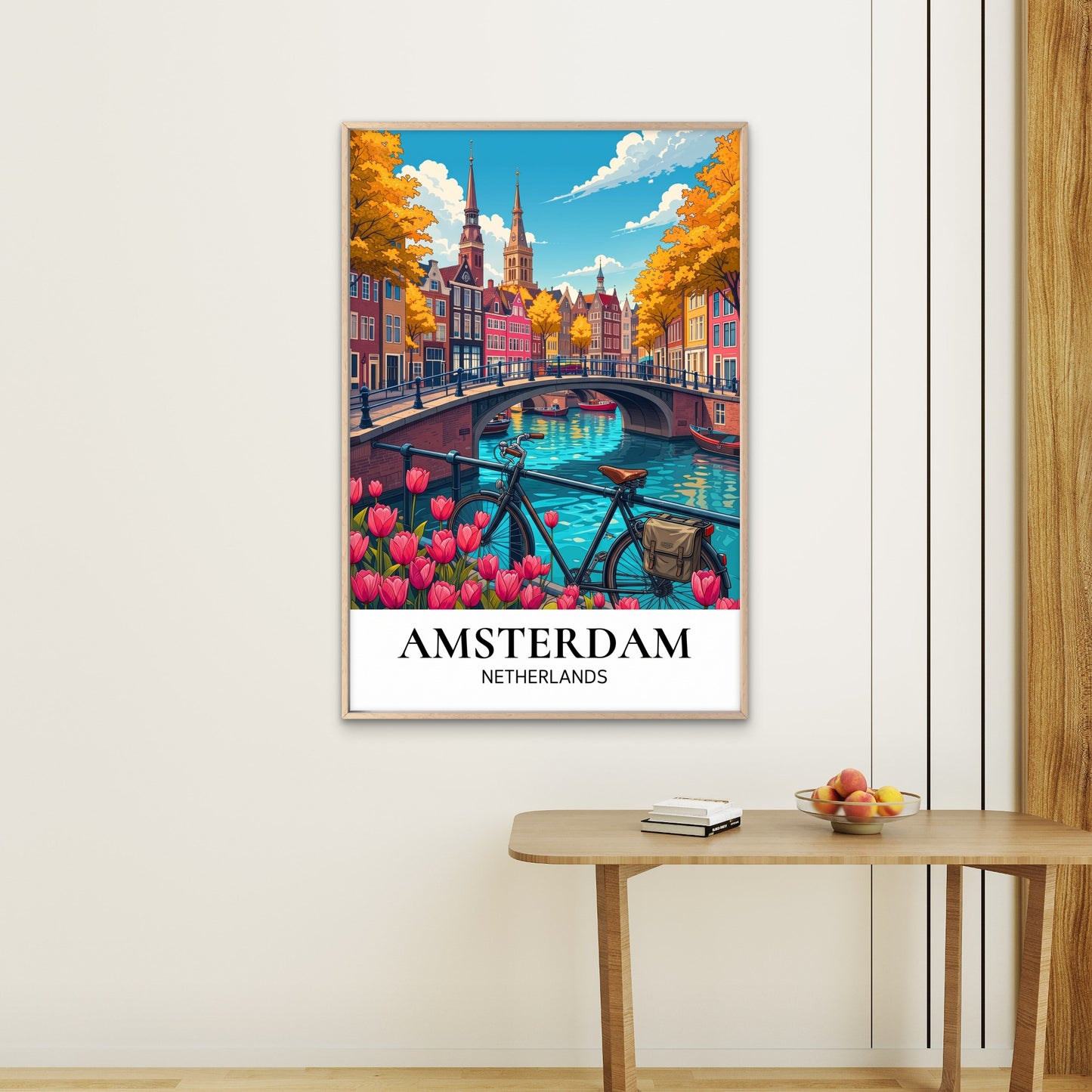 Amsterdam Canal Bicycle And Tulips Netherlands  Travel Poster Print Wall Art