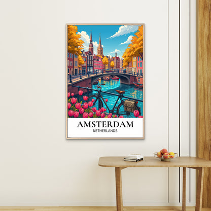 Amsterdam Canal Bicycle And Tulips Netherlands  Travel Poster Print Wall Art