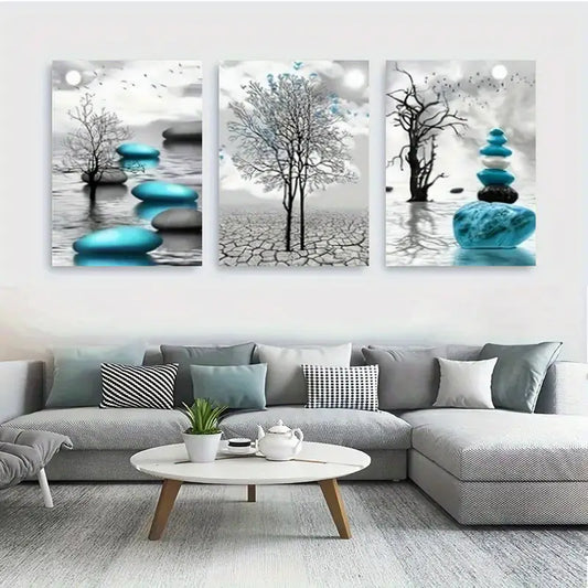 3pcs Black, White, Gray, Blue & Turquoise Abstrac Metal Print Ready to Hang Art