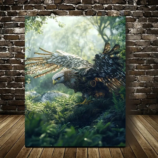 Steampunk Hawk in Jungle Morning Mist & Lush Foliage 40x60cm Metal Print Ready to Hang - Bella Home Decor