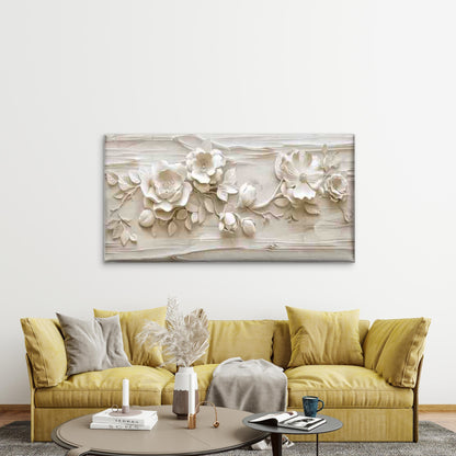 White Floral Relief Sculpture Wall Art Canvas Office Home Room Framed 120x60cm