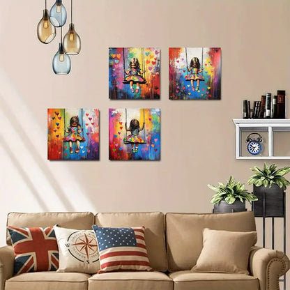 4pcs Girl On The Swing,Wall Art Canvas Framed