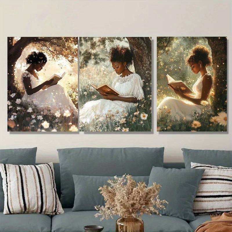 3pcs Girl Reading Under Tree with Books Metal Print Ready to Hang Art - Bella Home Decor