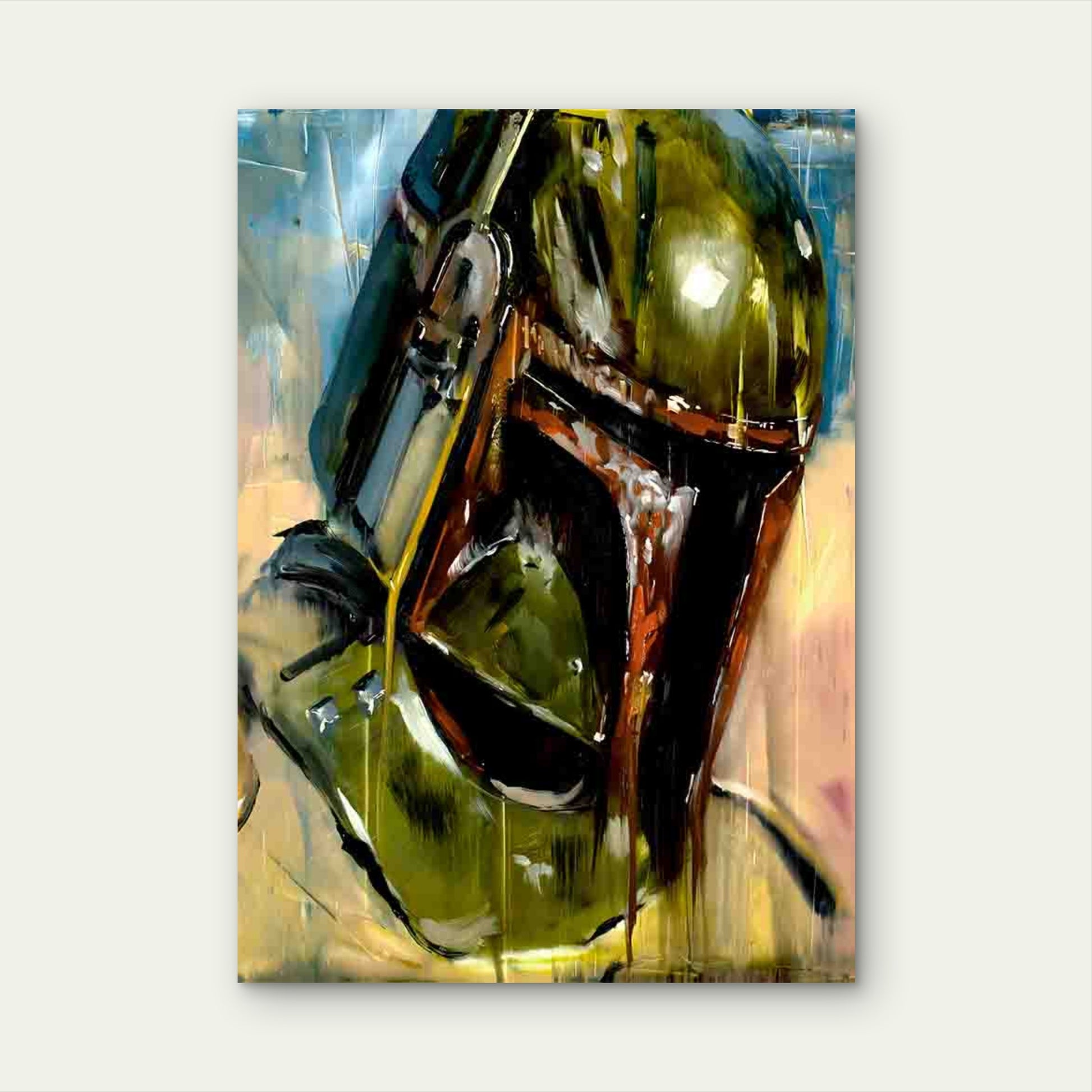 Green SciFi Helmet Painting Portrait 40x60cm Metal Print Ready to Hang - Bella Home Decor