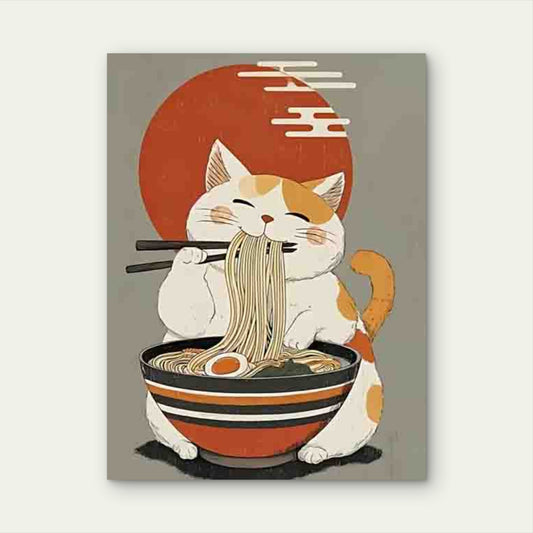 Retro Cat Eating Ramen Japanese Anime Metal Print Ready to Hang