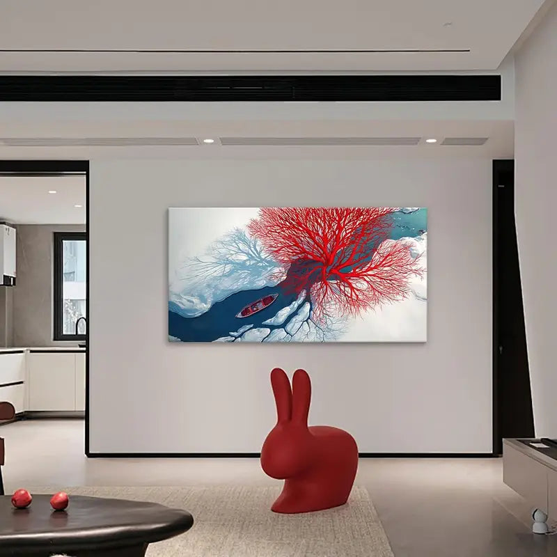 Red Modern Tree Blue River Wall Art canvas office home room framed 120x60cm - Bella Home Decor
