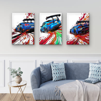 3pcs Blue Racing Car Splatter Graffiti Garage Wall Art Set Canvas Framed 60x90cm - High Quality Print 100% Australian Made Wall Canvas Ready to Hang