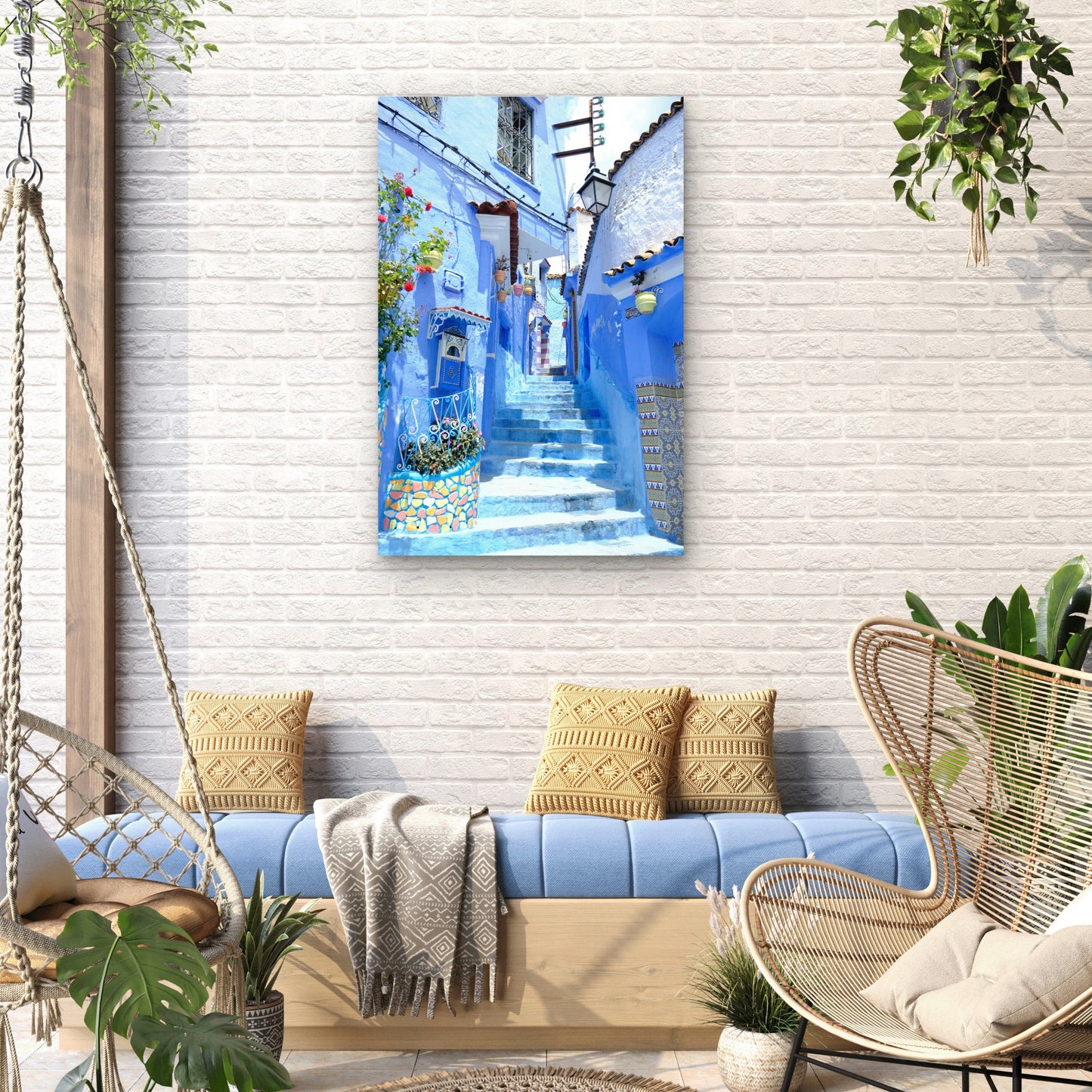 Vibrant Scene in Chefchaouen, Morocco 60x90cm Metal Print Ready to Hang