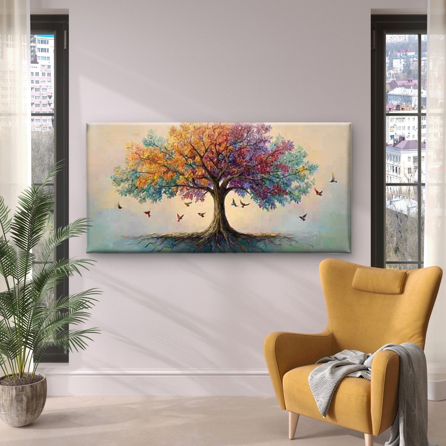Colorful Tree And Bird Painting Wall Art Canvas Office Home Room Framed 120x60cm